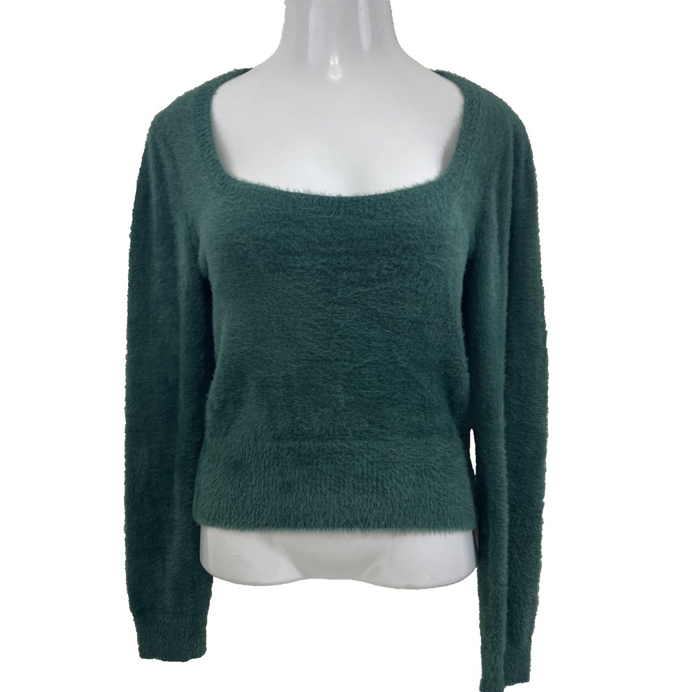 ASTR the Label Women's Long Sleeve Square Neck Fuzzy Sweater Size M Green